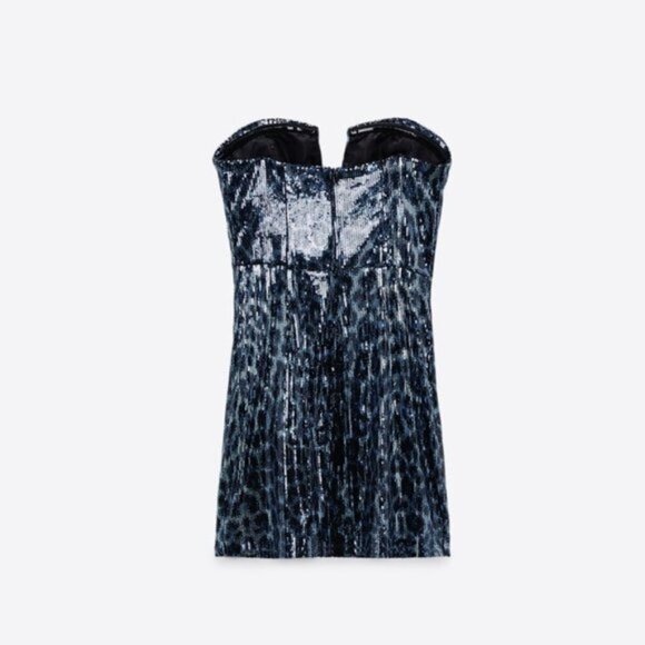NWT Zara blue, silver & black sequin short mini corset style holiday dress, M - Picture 4 of 8